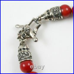 Silver Crown Charm withGreen CZ 10mm Red Natural Coral Beaded Bracelet & 20 Onyx