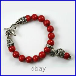 Silver Crown Charm withGreen CZ 10mm Red Natural Coral Beaded Bracelet & 20 Onyx
