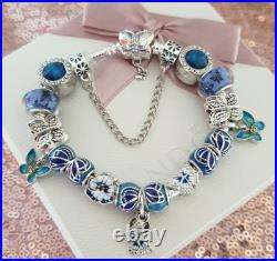 Silver Pandora Bracelet Butterfly Clasp + Charms Shown + Pandora Box. 19 cms Silver Pandora Bracelet Butterfly Clasp + Charms Shown + Pandora Box. 19 cms