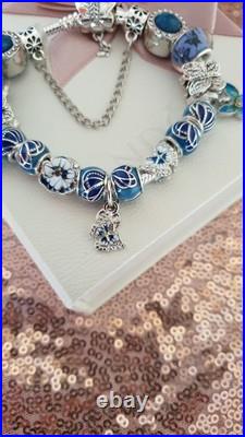 Silver Pandora Bracelet Butterfly Clasp + Charms Shown + Pandora Box. 19 cms Silver Pandora Bracelet Butterfly Clasp + Charms Shown + Pandora Box. 19 cms