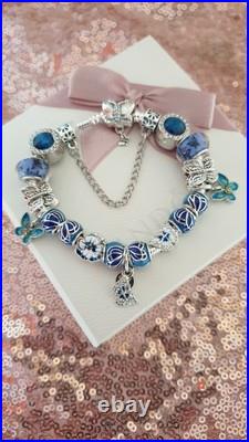 Silver Pandora Bracelet Butterfly Clasp + Charms Shown + Pandora Box. 19 cms Silver Pandora Bracelet Butterfly Clasp + Charms Shown + Pandora Box. 19 cms