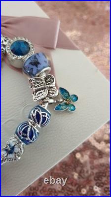 Silver Pandora Bracelet Butterfly Clasp + Charms Shown + Pandora Box. 19 cms Silver Pandora Bracelet Butterfly Clasp + Charms Shown + Pandora Box. 19 cms