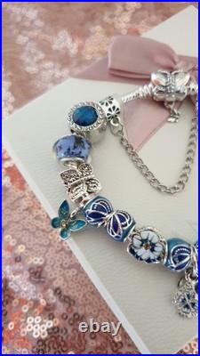 Silver Pandora Bracelet Butterfly Clasp + Charms Shown + Pandora Box. 19 cms Silver Pandora Bracelet Butterfly Clasp + Charms Shown + Pandora Box. 19 cms