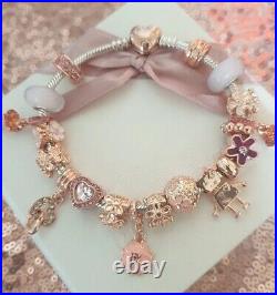 Silver Pandora Bracelet + Rose gold Heart Clasp & Rose Gold Charms 20 cm + Box