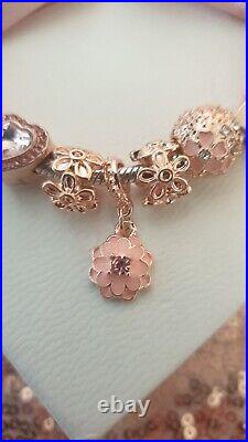 Silver Pandora Bracelet + Rose gold Heart Clasp & Rose Gold Charms 20 cm + Box