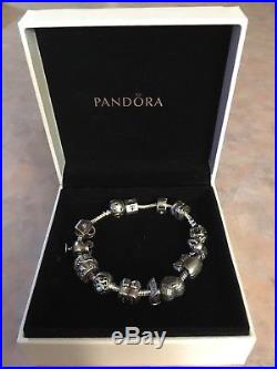 Silver Pandora Charm Bracelet 13 Charms with several retired charms with Box