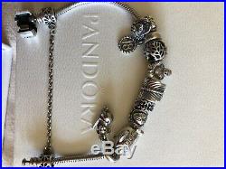 Silver Pandora bracelet with 9 charms and safety chain