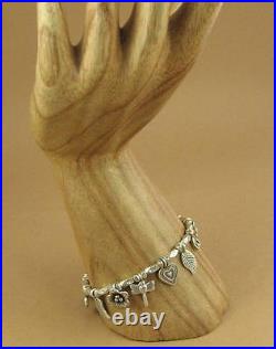 Silver charm bracelet. Leaf, flower, dragonfly, heart. Fine & sterling silver 925