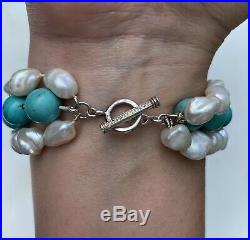 Slane &Slane Sterling Silver 925 Pearl and Turquoise Toggle charm bracelet 8