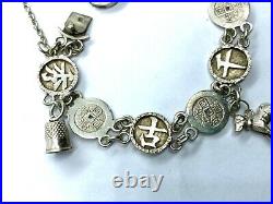 Small 1900's Antique Chinese Silver Lucky Coin Charm Bracelet