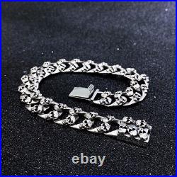 Solid 925 Sterling Silver Mens Heavy Curb Skull Chain Cuff Bracelet 18.5cm