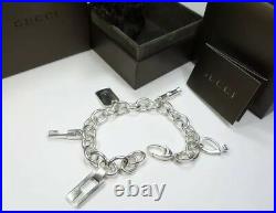 Solid Heavy Genuine Sterling Silver Gucci Charm Bracelet & 5 Charms Pouch & Box