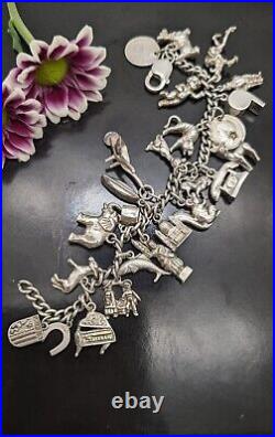 Solid Silver Charm Bracelet with 20+ Charms, Animal Themed, Vintage