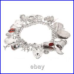 Sterling Silver 7 Charm Bracelet withHeart Padlock Clasp & Safety Chain(6mm Wide)