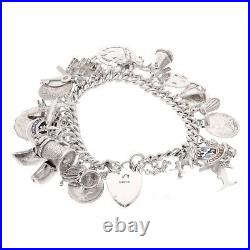 Sterling Silver 7 Charm Bracelet withHeart Padlock Clasp & Safety Chain(6mm Wide)