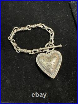 Sterling Silver 925 Large Carved Heart Charm Bracelet 44.04 Grams