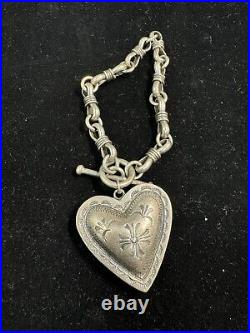 Sterling Silver 925 Large Carved Heart Charm Bracelet 44.04 Grams