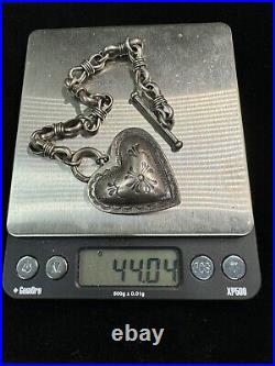 Sterling Silver 925 Large Carved Heart Charm Bracelet 44.04 Grams