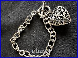 Sterling Silver 925 Toggle Heart Charm Bracelet Vintage 80's Boho Filigree T Bar