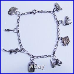 Sterling Silver Cat Kitty Theme Charm Bracelet w 8 Charms