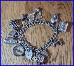 Sterling Silver Charm Bracelet 12 Charms. Car Compass Ring 65g Please See Info