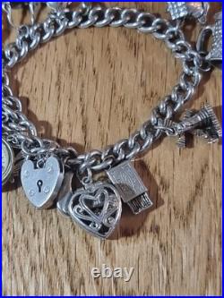 Sterling Silver Charm Bracelet 12 Charms. Car Compass Ring 65g Please See Info