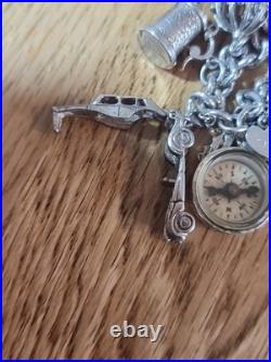 Sterling Silver Charm Bracelet 12 Charms. Car Compass Ring 65g Please See Info