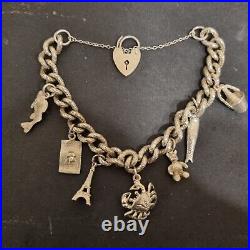 Sterling Silver Charm Bracelet And Charms, Heavy With Textured Links 43g+