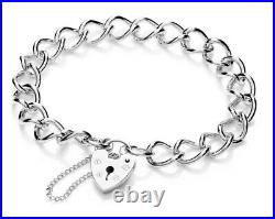 Sterling Silver Charm Bracelet Curb Chain Link 925 Ladies Heart Padlock Charms