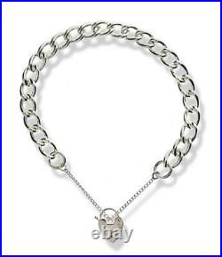 Sterling Silver Charm Bracelet Curb Chain Link Heart Padlock Safety Chain Charms