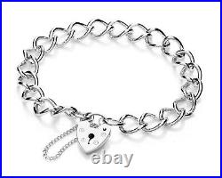 Sterling Silver Charm Bracelet Heart Padlock Curb Chain Link For Charms