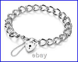 Sterling Silver Charm Bracelet Ladies Curb Chain Heart Padlock Safety Chain Box