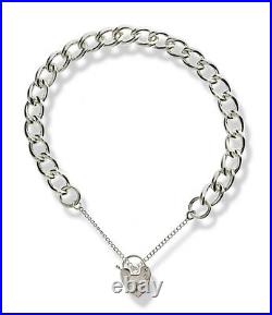 Sterling Silver Charm Bracelet Ladies Curb Chain Heart Padlock Safety Chain Box