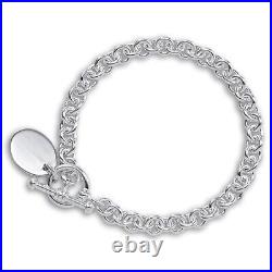 Sterling Silver Charm Bracelet with Oval Tag & Toggle 6 7 8