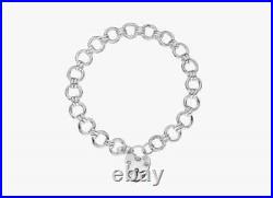 Sterling Silver Fancy Round Links Charm Bracelet With Heart Padlock