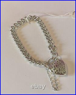 Sterling Silver Heart Padlock Charm Bracelet 35g