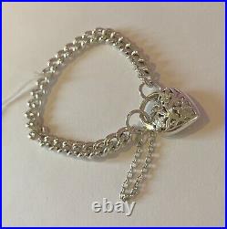 Sterling Silver Heart Padlock Charm Bracelet 35g