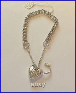 Sterling Silver Heart Padlock Charm Bracelet 35g