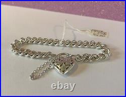 Sterling Silver Heart Padlock Charm Bracelet 35g