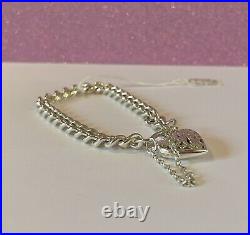 Sterling Silver Heart Padlock Charm Bracelet 35g