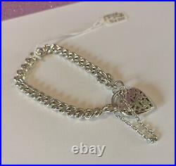 Sterling Silver Heart Padlock Charm Bracelet 35g