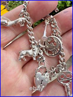 Sterling Silver Heavy Charm Bracelet 7 Charms Silver Padlock