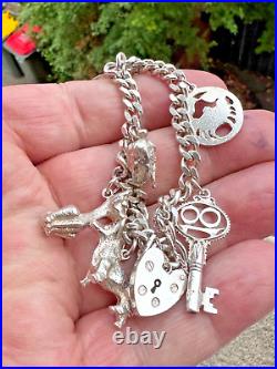 Sterling Silver Heavy Charm Bracelet 7 Charms Silver Padlock