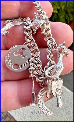 Sterling Silver Heavy Charm Bracelet 7 Charms Silver Padlock