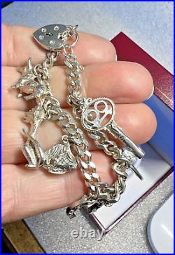 Sterling Silver Heavy Charm Bracelet 7 Charms Silver Padlock