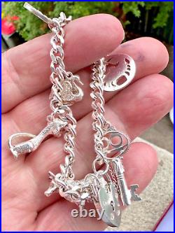 Sterling Silver Heavy Charm Bracelet 7 Charms Silver Padlock