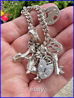 Sterling Silver Heavy Charm Bracelet 7 Charms Silver Padlock