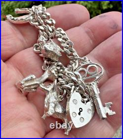 Sterling Silver Heavy Charm Bracelet 7 Charms Silver Padlock