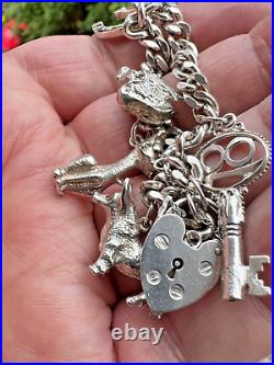 Sterling Silver Heavy Charm Bracelet 7 Charms Silver Padlock