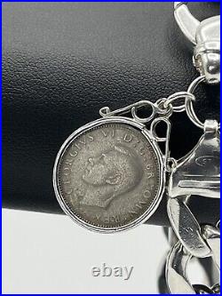 Sterling Silver Heavy Curb Bracelet & Coin 55.82 Grams 8.6 Inches 14.3mm Link